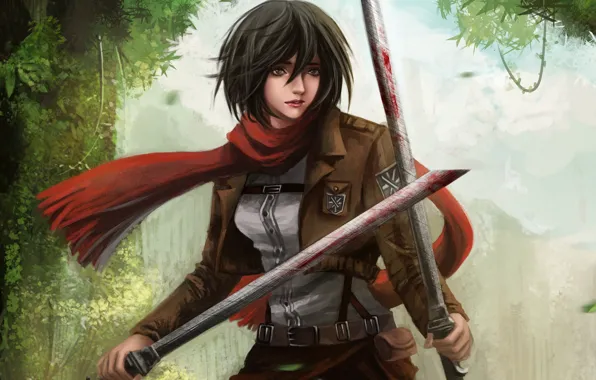 Аниме, шарф, арт, Shingeki no Kyojin, Атака титанов, Вторжение гигантов, Микаса Акерман