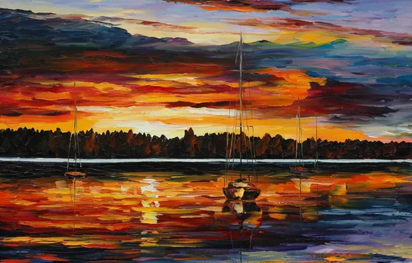 Вода, пейзаж, краски, картина, горизонт, Leonid Afremov, леонид афремов, сны озёр