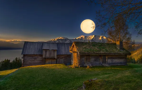 Горы, луна, утро, сарай, Good morning night