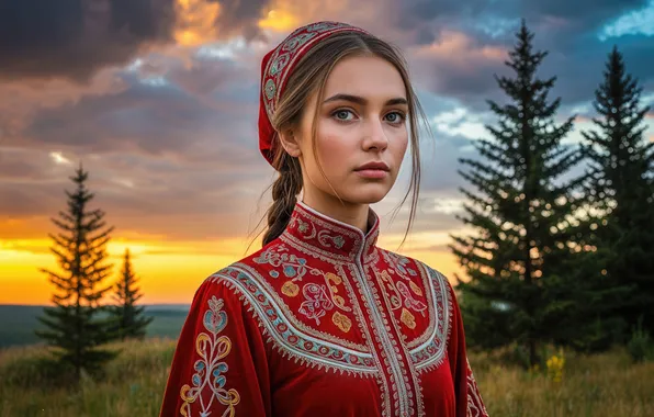 Поле, девушка, ели, коса, русая, национальный костюм, ИИ-арт, нейросеть