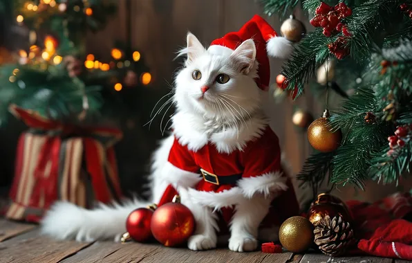 Кошка, белый, взгляд, поза, котенок, Рождество, Новый год, ёлка