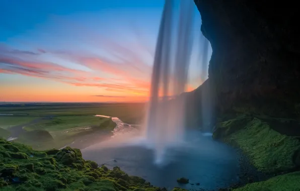 Картинка закат, скалы, водопад, Исландия, Сельяландсфосс