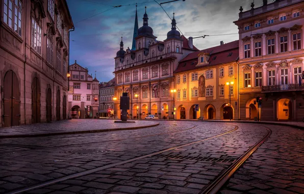 Картинка здания, дома, Прага, Чехия, ночной город, мостовая, Prague, Czech Republic