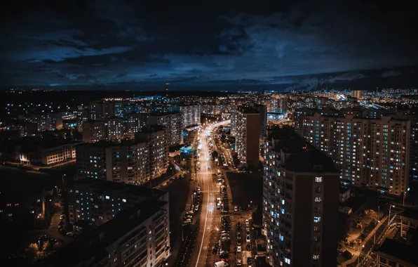 Картинка дорога, ночь, city, здания, дома, Москва, Россия, road