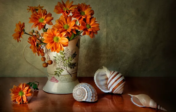 Картинка цветы, букет, ракушки, натюрморт, оранжевые, георгины