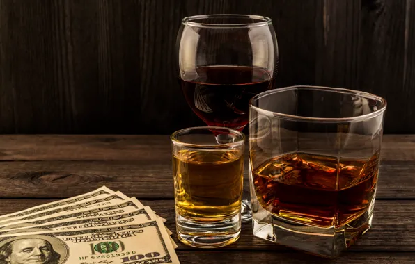 Whiskey, dollars, alcoholic drink