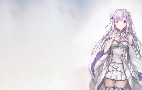 Белый, девушка, фон, anime, art, emilia, re zero kara hajimeru isekai seikatsu