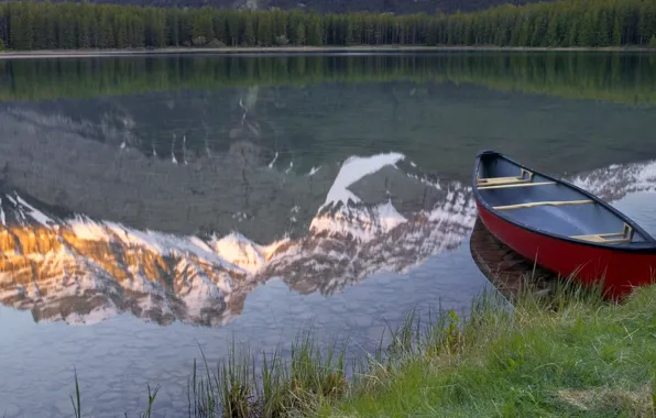 Горы, озеро, отражение, лодка, Канада, Banff National Park, Alberta, Canada