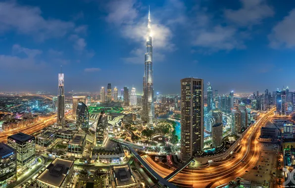 Здания, дороги, дома, панорама, Дубай, ночной город, Dubai, небоскрёбы