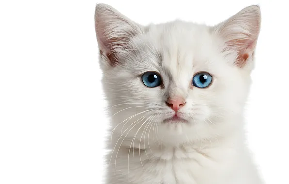 Кошка, белый, взгляд, поза, котенок, портрет, малыш, белый фон