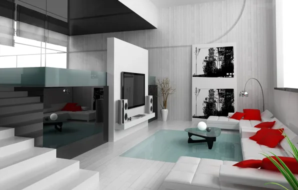 Отражение, современный, картина, Дизайн, подушки, телевизор, квартира, Интерьер