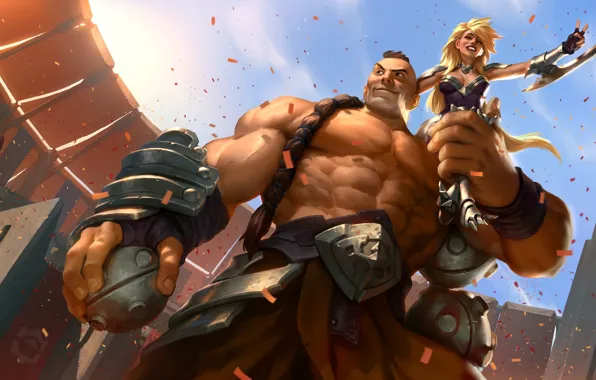 Девушка, оружие, мужик, арена, Legends of Runeterra