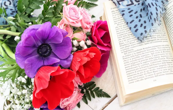 Листья, цветы, текст, розы, букет, красные, книга, розовые