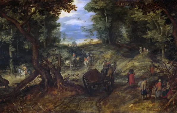 Картинка деревья, пейзаж, люди, картина, Ян Брейгель старший, Лесная Дорога с Повозками и Всадниками