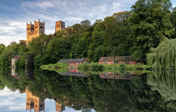 Фото, Англия, Природа, Отражение, Деревья, Река, Дом, Durham city