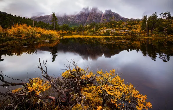 Осень, вода, деревья, горы, природа, гора, озеро.