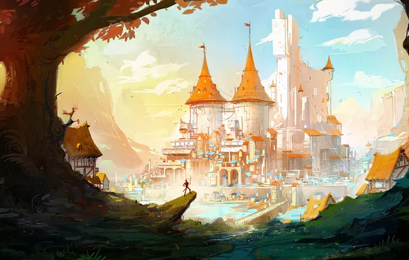 City, fantasy, river, trees, bridge, Castle, digital art, buildings