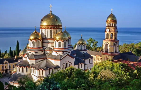 Картинка море, башня, храм, архитектура, купола, Абхазия, колокольня, Чёрное море