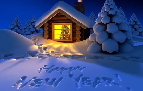 Картинка зима, снег, надпись, вечер, Новый Год, Happy New Year, winter, snow
