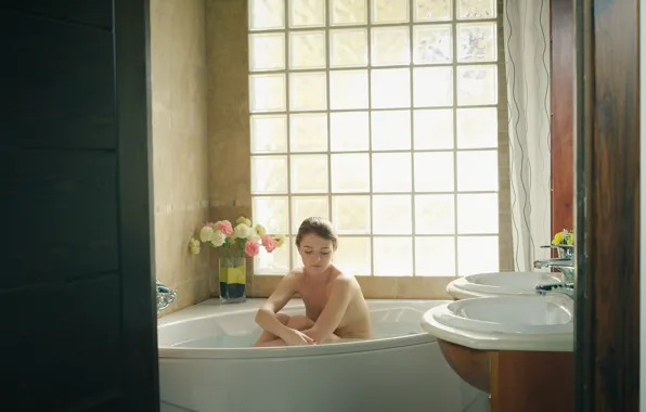 Girl, young, flowers, bath, naked, shame, bathtub, Kalisy