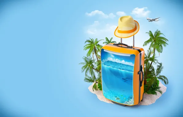 Картинка море, облака, пальмы, креатив, шляпа, дельфины, чемодан, самолёт