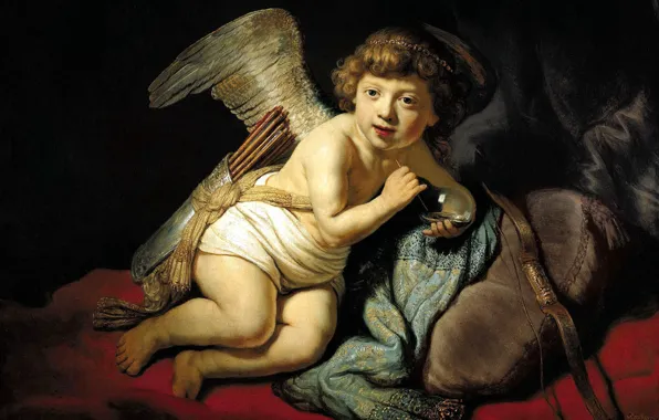 Картинка картина, мифология, Рембрандт ван Рейн, Амур Пускающий Мыльные Пузыри