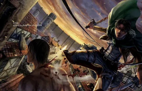 Город, аниме, арт, парень, вторжение гигантов, атака титанов, Shingeki no Kyojin, Леви