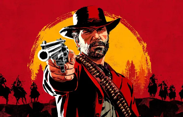 Пистолет, шляпа, лошади, патроны, ковбои, Red Dead Redemption 2, Arthur Morgan