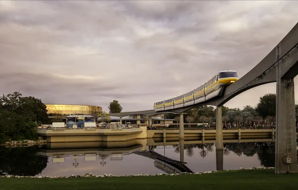 Картинка мост, озеро, поезд, Диснейленд, photo, photographer, Disneyland, парк развлечений