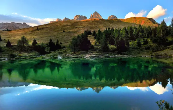 Картинка деревья, пейзаж, горы, озеро, Италия, Трентино-Альто-Адидже, Тренто, Сорага