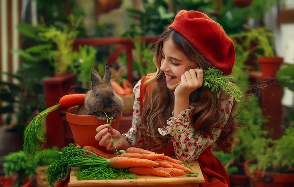 Картинка улыбка, настроение, кролик, девочка, длинные волосы, морковь, берет, Любовь Пятовская