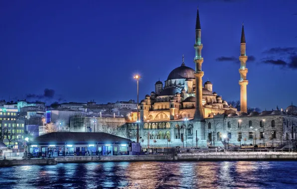 Море, ночь, огни, дома, Стамбул, Турция, минарет, Новая мечеть