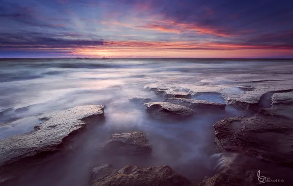 Небо, облака, закат, камни, вечер, Индийский океан, Западная Австралия, Burns Beach