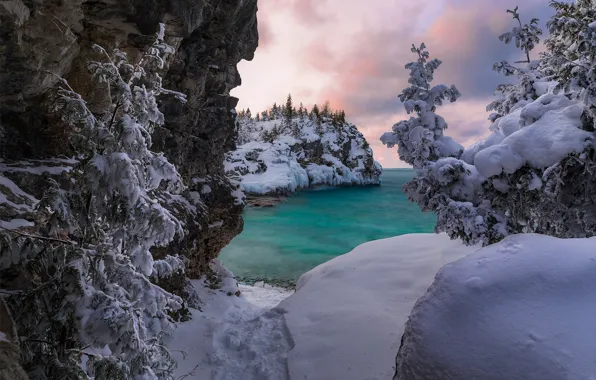 Зима, снег, деревья, озеро, Канада, сугробы, Онтарио, Canada