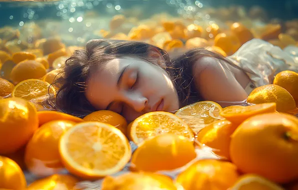 Вода, девушка, свет, лицо, поза, сон, апельсины, спит