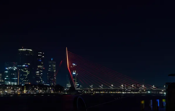 Мост, огни, вечер, Rotterdam, Willemsbrug