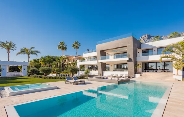 Пальмы, вилла, бассейн, архитектура, терраса, Marbella, Villa Mozart, Sierra Blanca