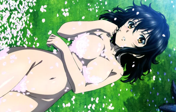 Girl, grass, sexy, nature, boobs, anime, beautiful, short hair