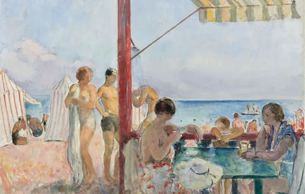 Картинка люди, отдых, картина, жанровая, Анри Лебаск, Кафе на пляже