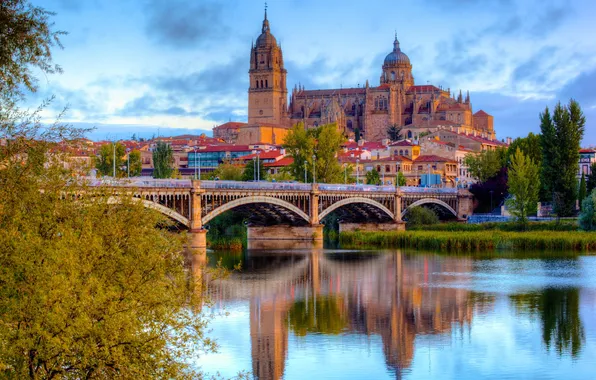 Картинка мост, река, дома, City, Испания, Spain, Salamanca, костел.