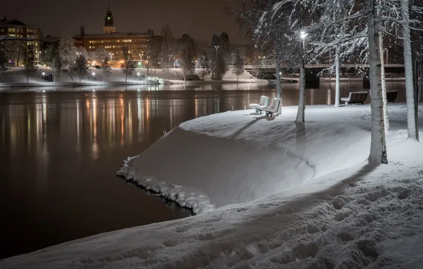 Картинка снег, ночь, река, скамья