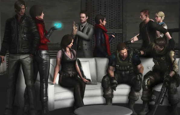 Картинка пистолет, оружие, диван, автомат, gun, Resident Evil 6, Leon Scott Kennedy, Helena Harper