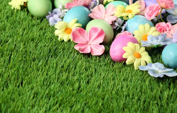 Картинка трава, цветы, Пасха, flowers, spring, Easter, eggs, Happy
