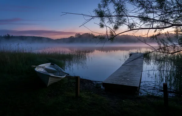 Картинка пейзаж, природа, туман, озеро, рассвет, лодка, утро, Финляндия