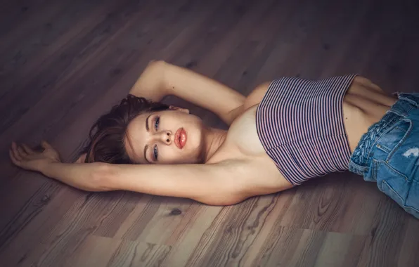Girl, Beauty, Eyes, Lips, Jeans, Floor, Sight