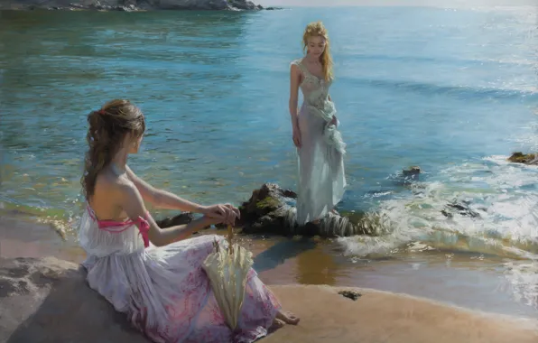 Картинка dress, sea, girls, umbrella, water, art, painting, brunette