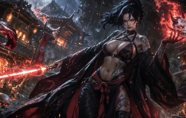Картинка girl, sword, sexy, tattoo, brunette, ai art