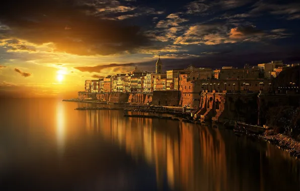 Море, небо, вода, закат, город, Италия, Antonio Amati