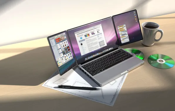 Картинка дизайн, стол, Apple, concept, чашка, диск, triBook