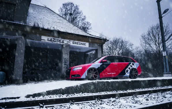 Audi, Red, Snow, Side, Avant, Audi A4, Railroad